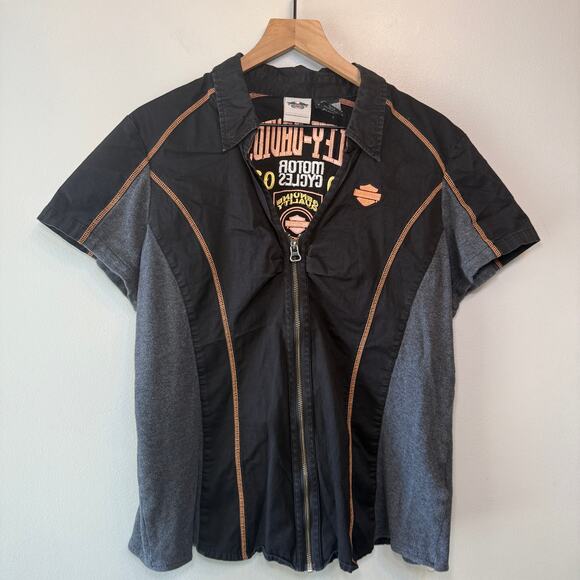 Harley Davidson Women's Embroidered Zip Up Short Sleeve Top Size 2XL - Picture 1 of 6